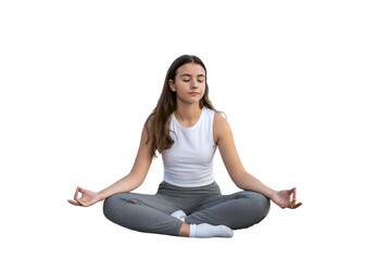 Fototapeta premium Calm young woman practicing yoga in lotus position on an exercise mat. Perfectly isolated on transparent background. Great for wellness, fitness, mental health, and spiritual lifestyle design themes.