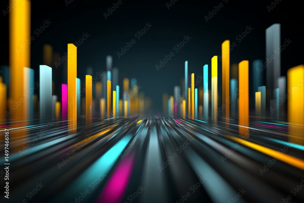 Poster vibrant digital landscape showcasing colorful bars in a futuristic setting with glowing lines under 