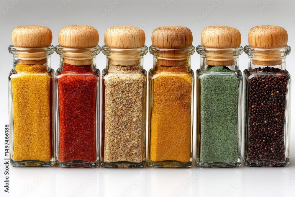 Aufkleber Colorful array of spices in glass jars arranged on a neutral background