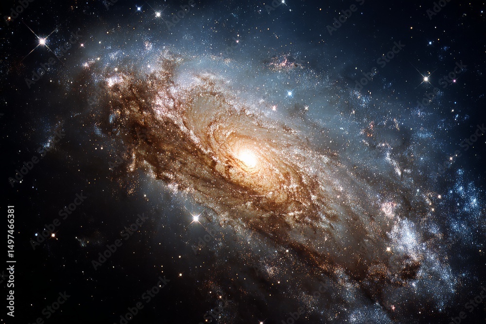 Poster exploring the intricate beauty of a distant galaxy illuminated by countless stars in the vastness of