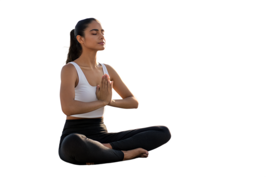 Calm young woman practicing yoga in lotus position on an exercise mat. Perfectly isolated on transparent background. Great for wellness, fitness, mental health, and spiritual lifestyle design themes.