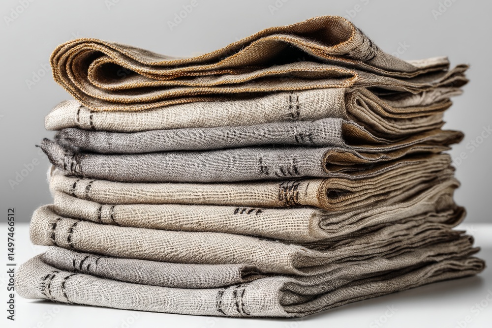 Poster folded linen fabrics stacked neatly in a domestic setting, highlighting texture and natural tones