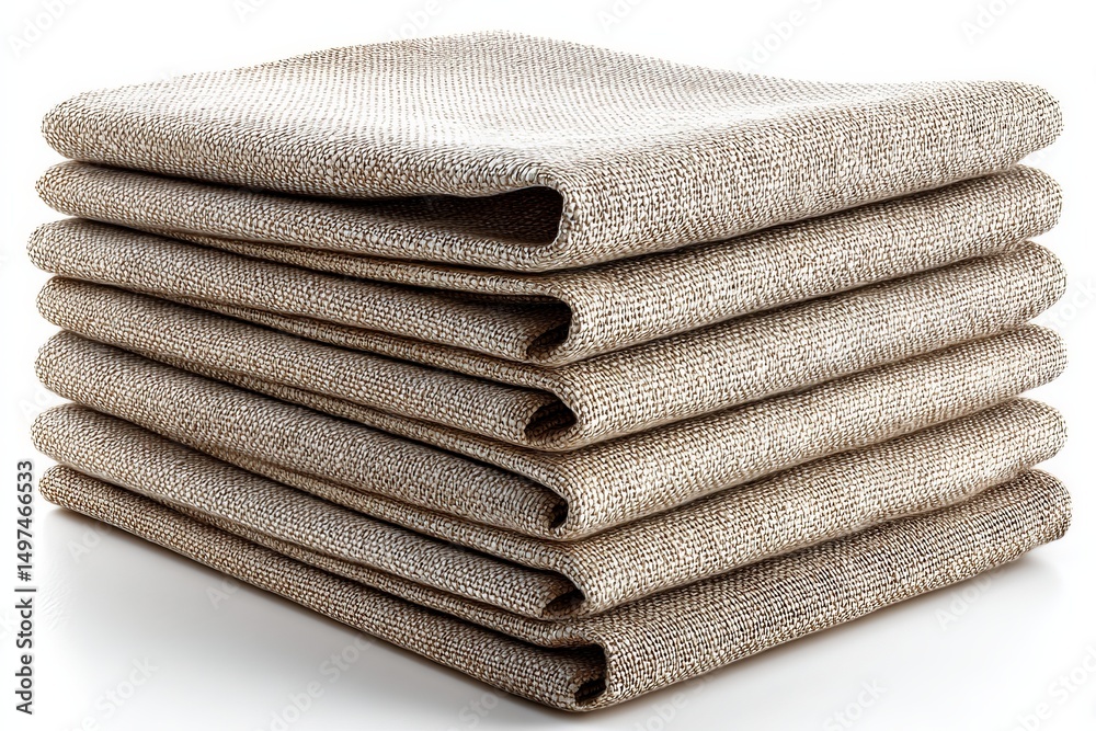 Aufkleber neatly stacked natural fabric linens on a white surface in a well-lit interior setting