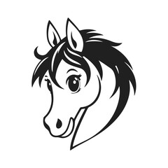 Cartoon horse head, funny animal face, cute pony illustration, horse design, black white vector