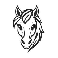 Cartoon horse head, funny animal face, cute pony illustration, horse design, black white vector