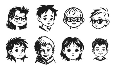 Cute kids faces set, cartoon children, emotional baby expressions, black white characters