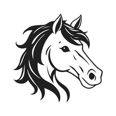 Cartoon horse head, funny animal face, cute pony illustration, horse design, black white vector