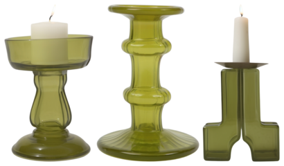 PNG Three green glass candle holders with lit candles element set on transparent background.