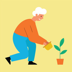 Elderly Man Watering Plant in a Pot