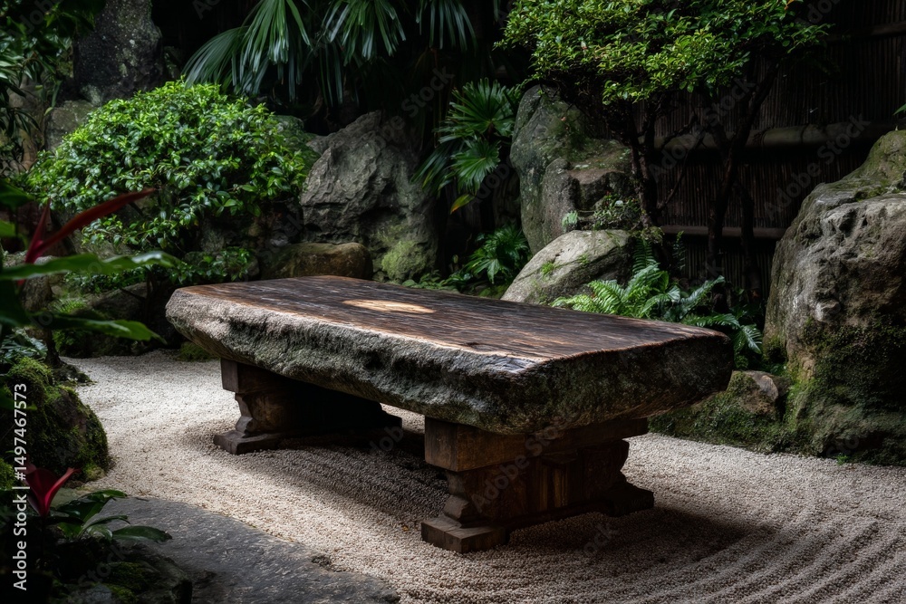 Poster Stone table surrounded by lush greenery in a serene garden setting during the day