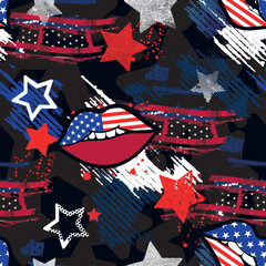 Hand drawn seamless american pattern  with lips for sport textile, clothes, wrapping paper. Independence repeated Background

