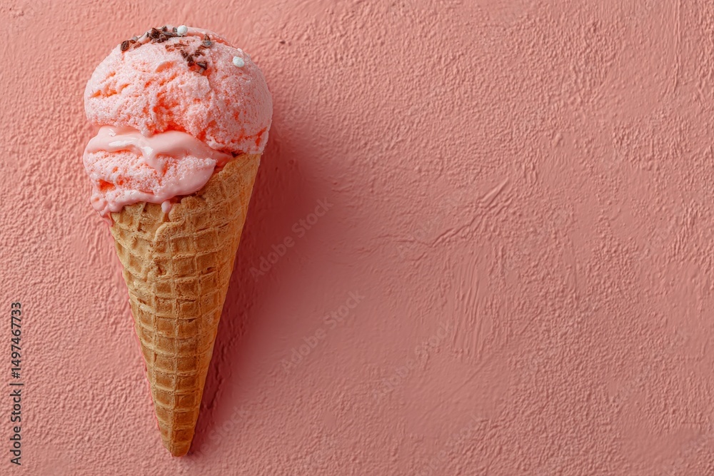 Poster sweet and colorful ice cream cone with pink scoop against a pastel background perfect for summer enj