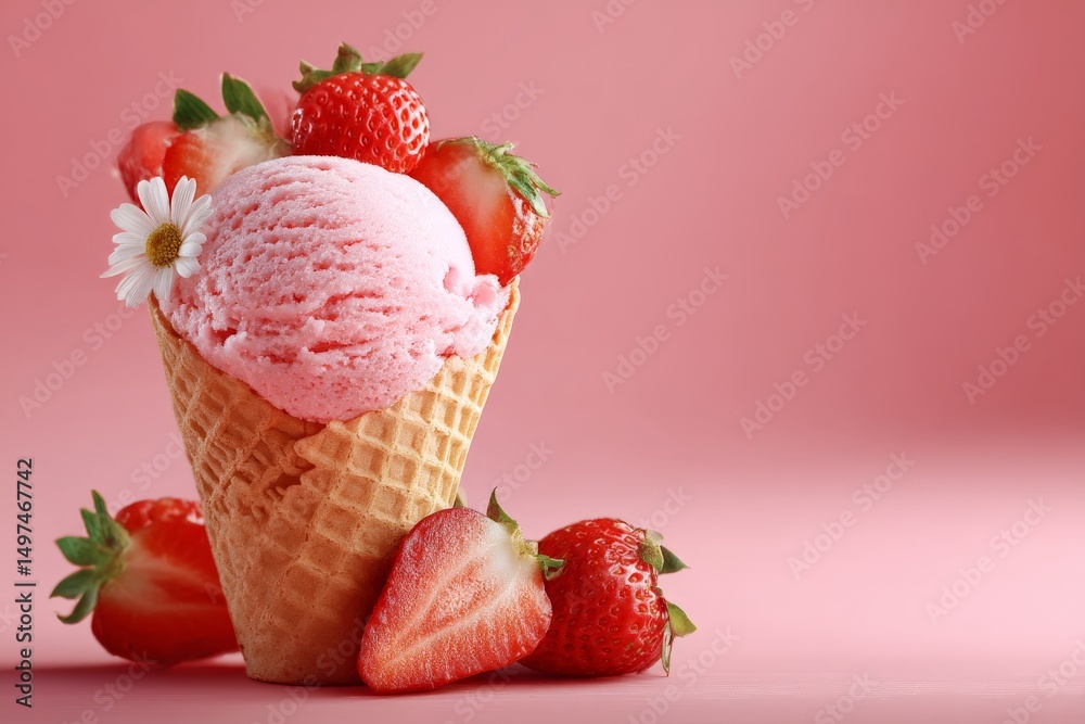 Poster delicious strawberry ice cream served in a waffle cone with fresh strawberries and a flower on a pin