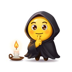 a cute, yellow, round emoji wearing a black robe with a hood and holding a finger to its lips in a hushing gesture.