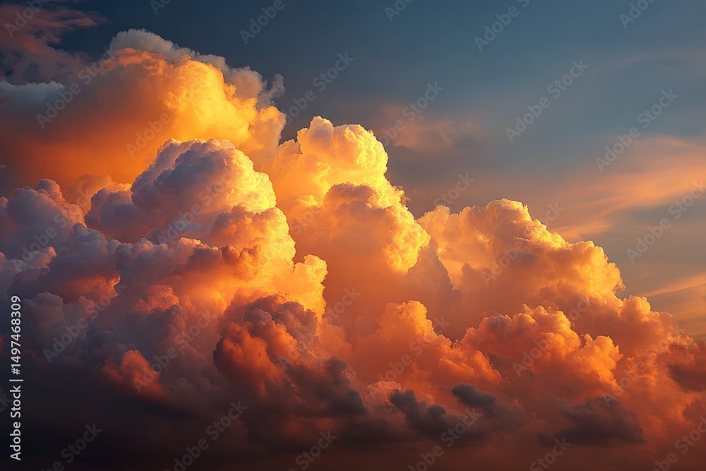 Poster dramatic clouds illuminated by the setting sun create a vibrant display in the evening sky above a p