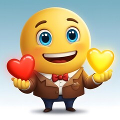 3D cartoon character dressed in a brown suit with a red bow tie, holding a red heart in one hand and a yellow glowing heart in the other.