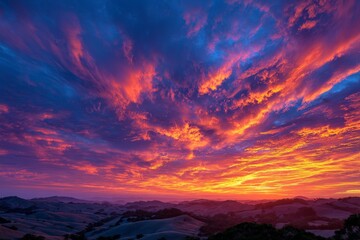 Fototapeta premium Vibrant sunset illuminates rolling hills beneath dramatic clouds in a serene countryside landscape