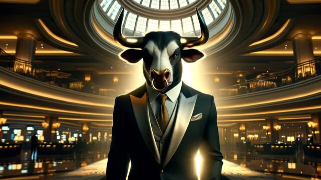 A surreal image of a man with a cow head, blending elegance and fantasy.