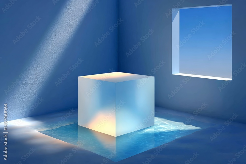 Poster translucent cube emits soft light in a serene blue room with water reflections