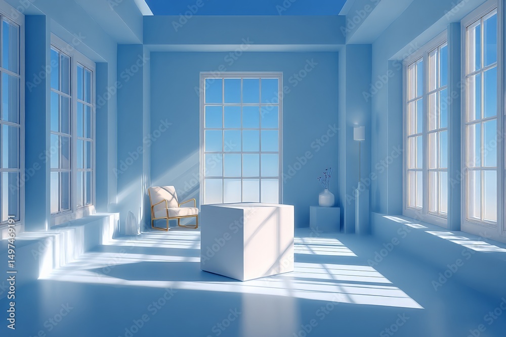 Aufkleber bright blue interior with large windows and minimalistic furniture creating a serene atmosphere in t