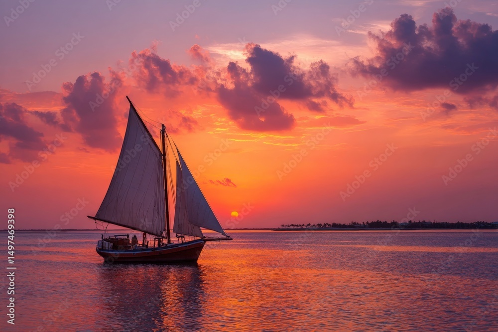 Poster sailing into the sunset on calm waters with vibrant clouds reflecting the colors of twilight