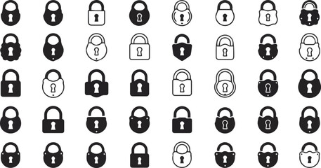 Create a kinds of Lock icon set, lock symbol isolated on transparent background, vector illustration silhouette with white background.
