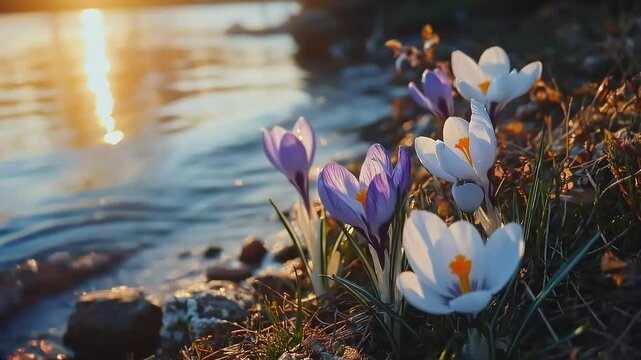 A 4K macro shot of purple and white crocus flowers blooming at the water&rsquo;s edge at golden hour. 