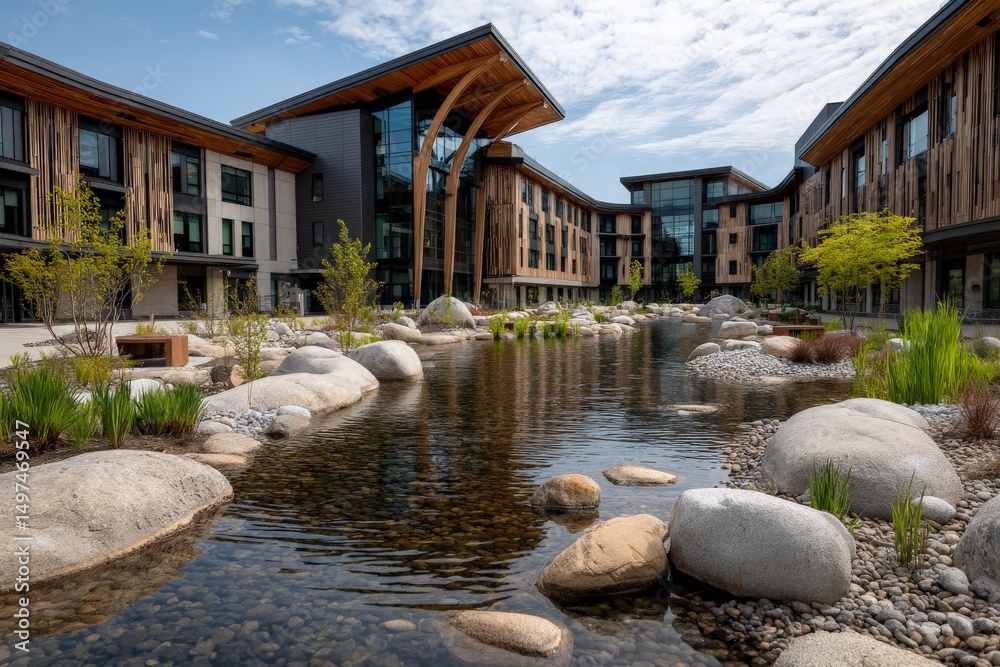 Poster Modern architecture blends with nature in a serene courtyard featuring a reflecting pond and landscaped stones