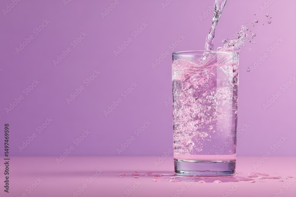 Poster water splashing into a glass against a soft purple background creates a vibrant and refreshing visua