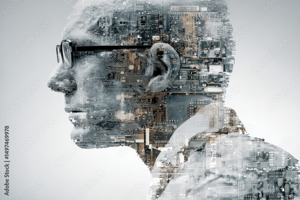 Poster Portrait of a man with a digital overlay representing technology and innovation in a futuristic setting