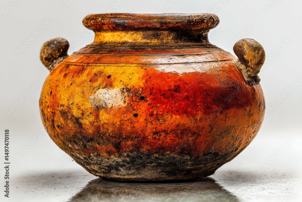 Poster ancient clay pot with vibrant orange and red hues resting on a reflective surface