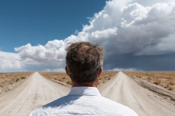 Man stands at a crossroads on a dirt road under dramatic clouds during daylight