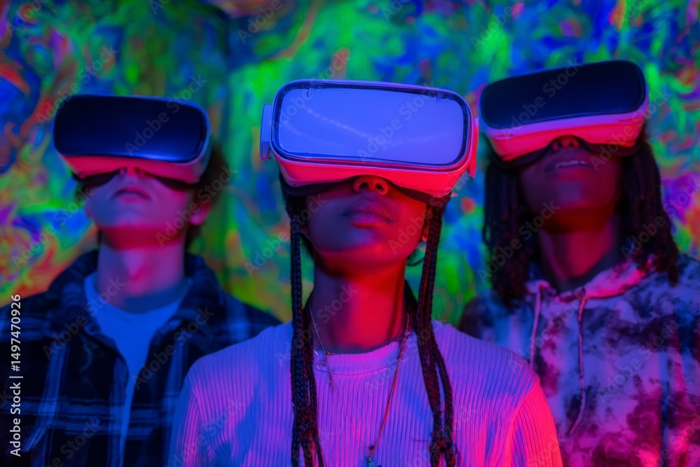 Aufkleber friends exploring virtual reality in a colorful immersive environment during an evening gathering