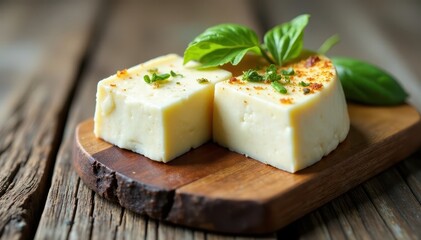 Tangy goat cheese wedge, weathered wood planks , wood, art