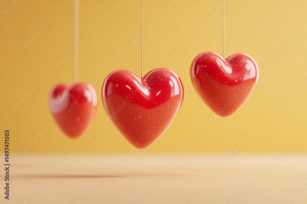 Poster hanging glossy hearts against a warm yellow background create a cheerful and artistic atmosphere in 
