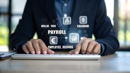 Payroll Management and Salary Processing System. Businesswoman calculates payroll, with icons representing employee salaries management, payment scheduling, efficient payroll, financial documentation,