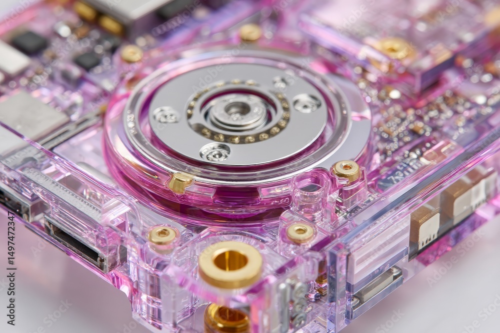 Aufkleber close-up view of a transparent pink electronic component showcasing intricate circuitry and mechanic