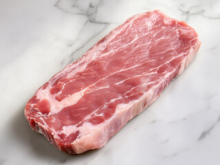 Raw pork steak resting on marble countertop ready for grilling