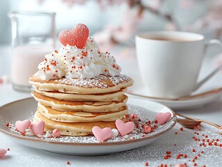 Heart-Shaped Pancakes with Whipped Cream for Valentine's Day