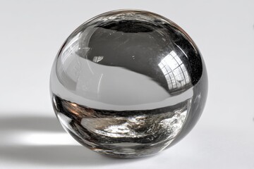 Clear glass sphere resting on a smooth surface reflecting light in a bright indoor environment