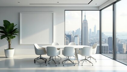 Fototapeta premium Modern minimalist conference room, city view, white mockup frame , bright, light