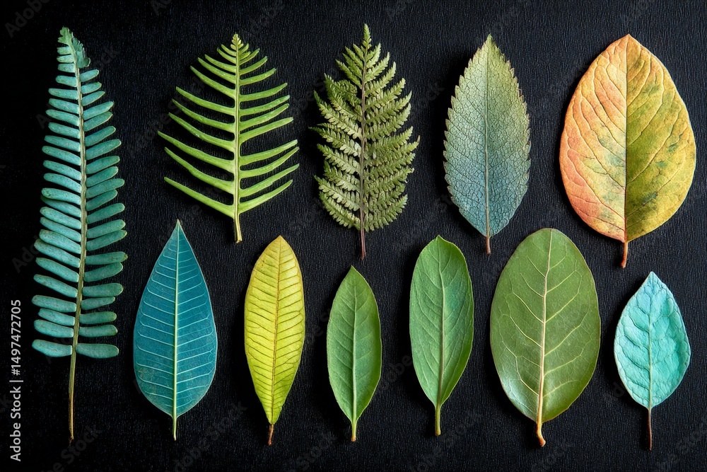 Poster various types of leaves displayed on a black surface showcasing rich colors and diverse shapes
