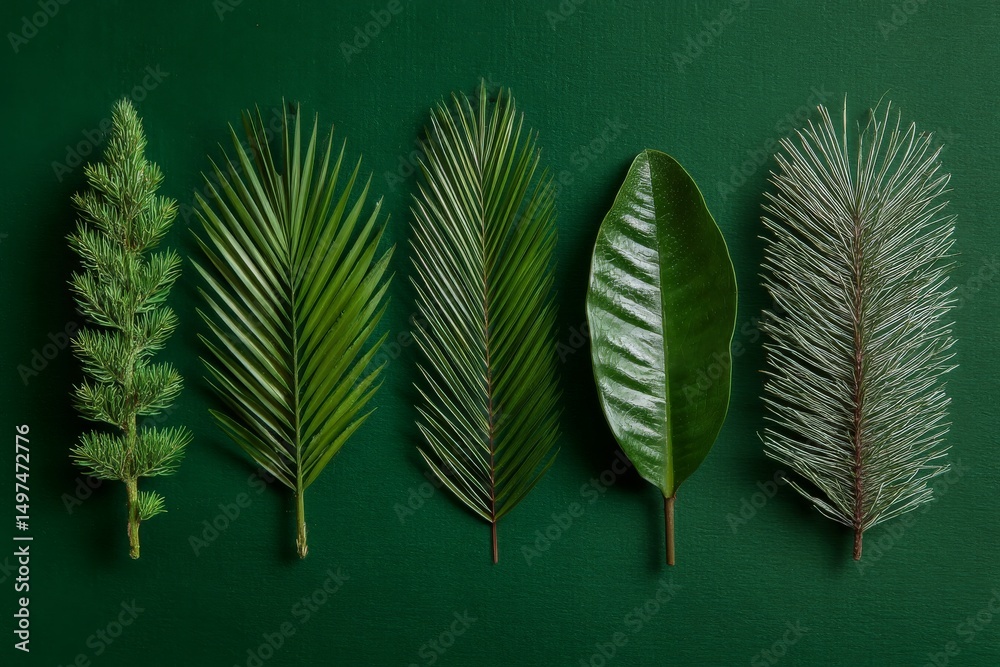 Poster Different types of green leaves arranged on a dark green background showcasing their unique shapes and textures
