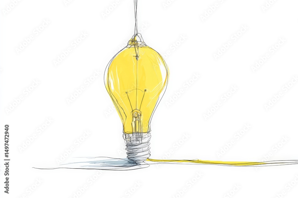 Poster brightly colored light bulb design hanging from ceiling with yellow cord in minimalist style