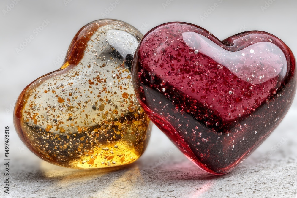 Poster colorful resin hearts symbolize love and affection on a soft neutral background during a creative ar