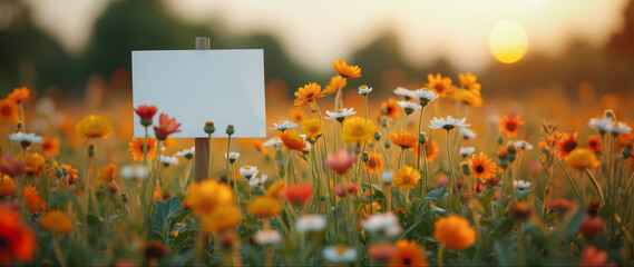 wooden sign rests amidst a vibrant field of orange and white wildflowers bathed in golden sunlight.