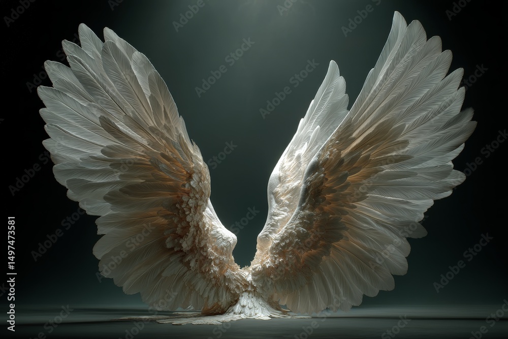 Poster majestic white wings illuminated by soft light in a dimly lit space evoke a sense of wonder and sere