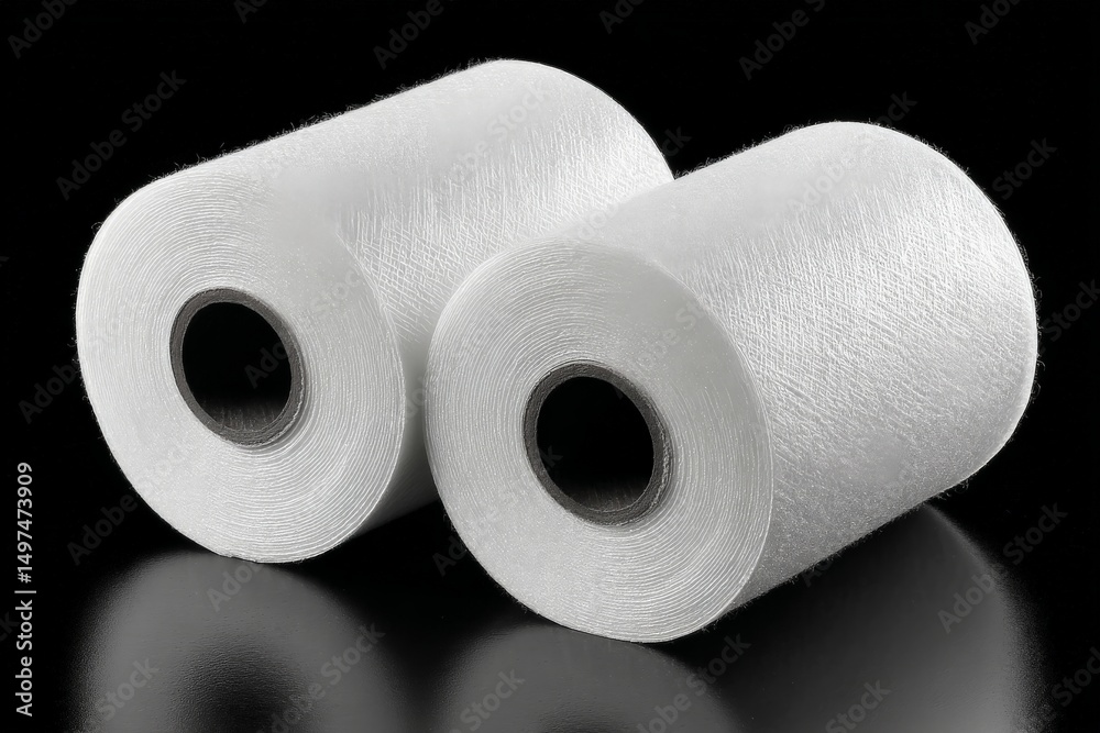 Aufkleber two rolls of white thread displayed on a reflective surface for crafting and sewing activities