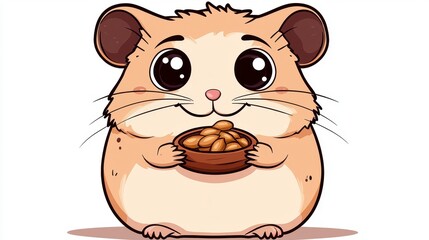 Adorable Brown Cartoon Hamster Holding Food Bowl