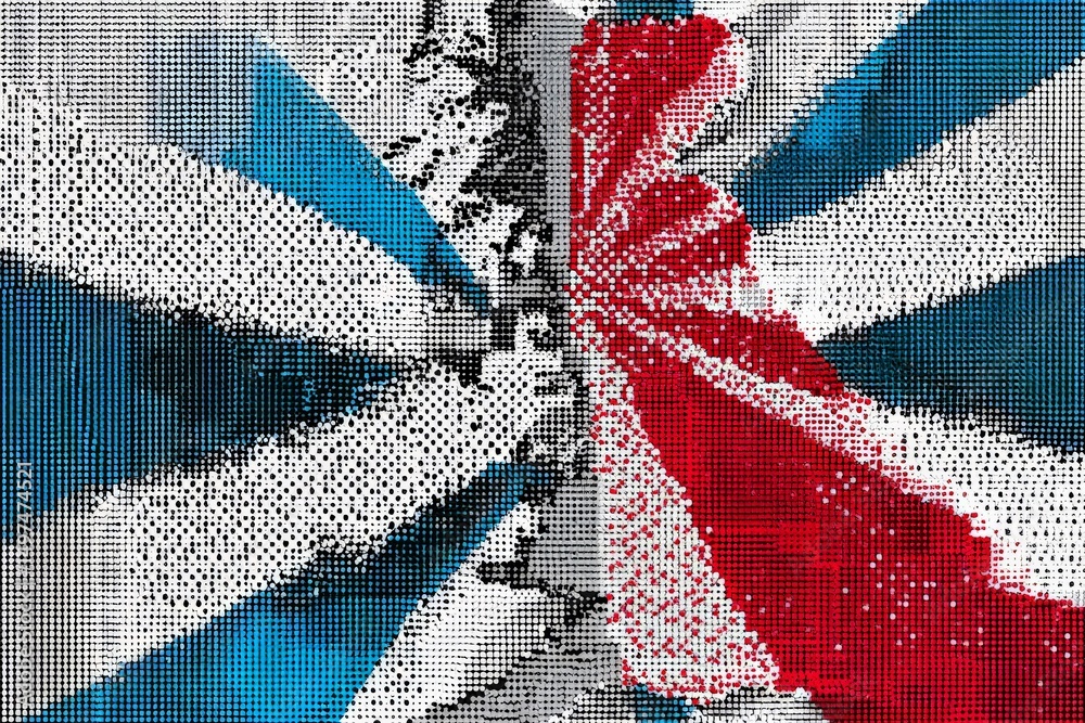Poster abstract artwork depicting a stylized map of the united kingdom with bold colors and geometric patte